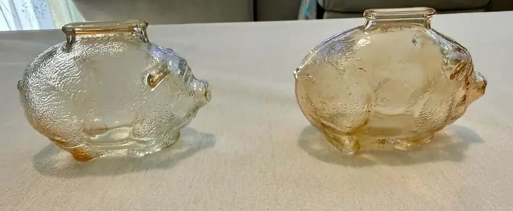 Set of 2 Vintage Anchor Hocking Marigold Iridescent Carnival Glass Piggy Banks